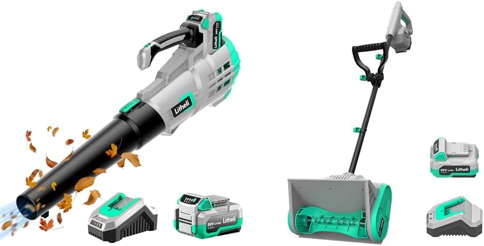 Litheli 20V Cordless Leaf Blower & Snow Shovel Combo, Battery Powered Outdoor Cleaning Tools Kit, 350 CFM 85 MPH Blower + 12-Inch Snow Thrower, 2×4.0Ah Li-ion Batteries & 2 Fast Chargers Included