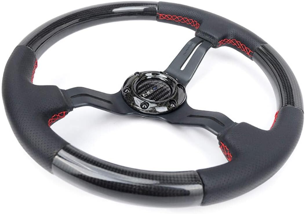 NRG Innovations NRG-ST-010CFRS Carbon Fiber Steering Wheel 1.5' Deep Dish, Leather Wrapped, 6 X 70 PCD, Black Anodized