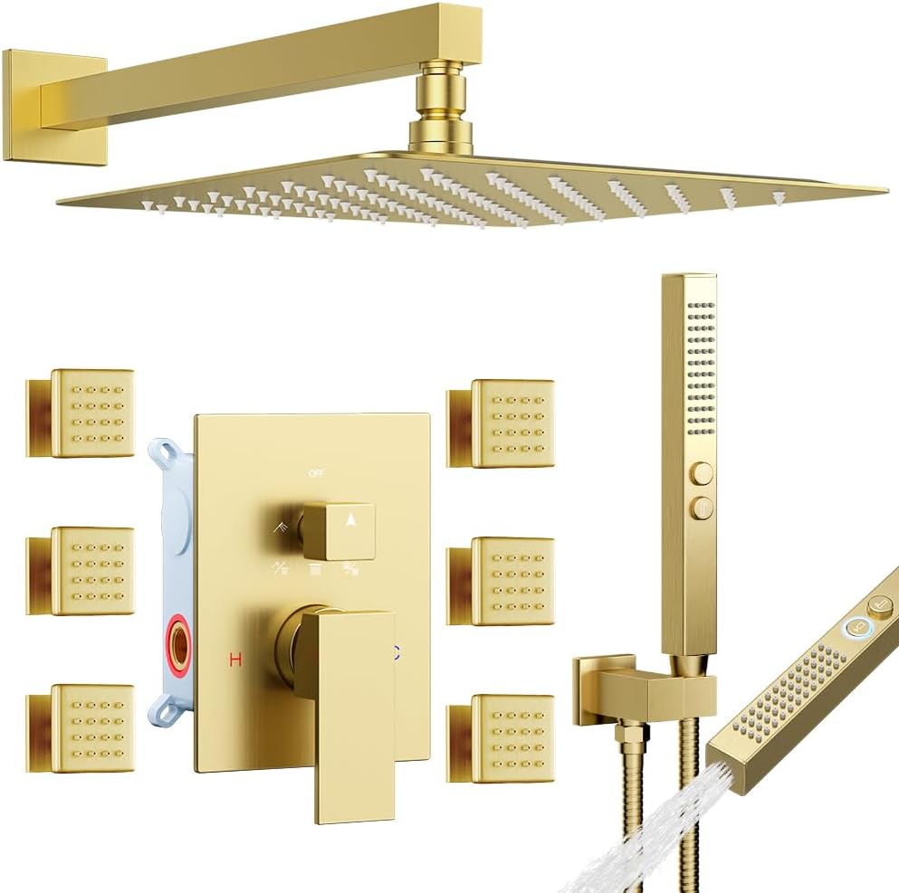 Brushed Gold Shower System with Body Jets, STARBATH 12 Inch Rainfall Shower System and 2 in 1 Handheld Spray Shower Jets System in Wall, Complete Wall Mounted 3 Way Shower Faucet Set with Valve Kit