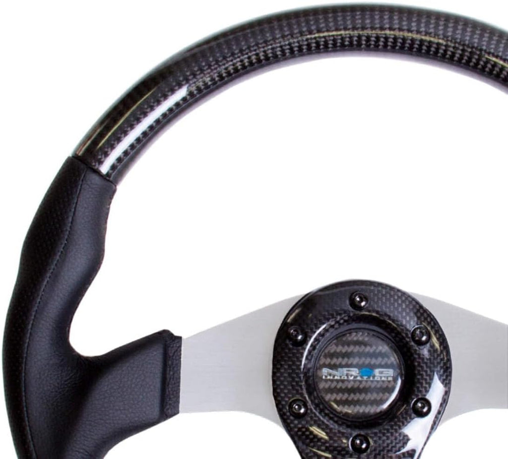 NRG Innovations NRG-ST-013CFSL Carbon Fiber Steering Wheel 350mm, Silver Oval Shape with Leather Trim