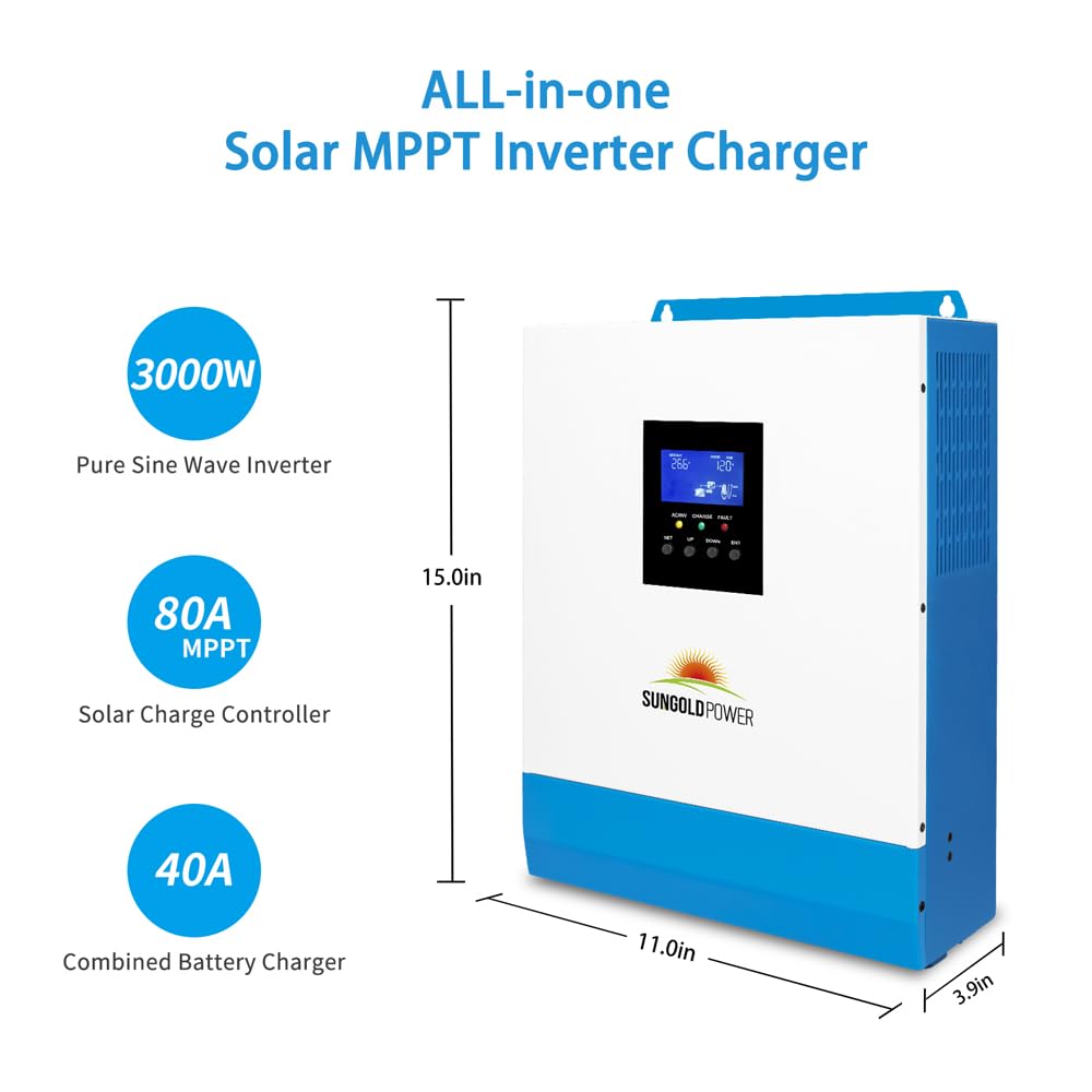 SUNGOLDPOWER Solar kit 3000W Solar inverter DC 24V to AC 120V, with 2pcs 24V 100Ah LifePO4 battery, 4x200W solar panels,Mount Z-Brackets and PV cable,for Household,Tiny house,Off grid system SGKT-3PRO