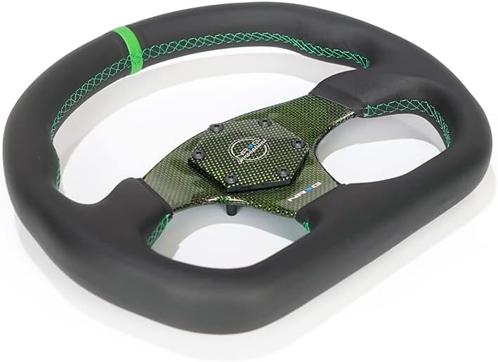 NRG Innovations NRG-RST-024CF-GN Carbon Fiber Steering Wheel 320mm, Green Carbon Fiber Center with Green Stitch Green Center Mark, Flat Bottom