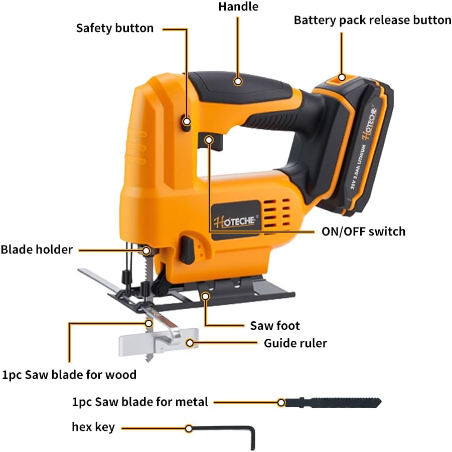 Hoteche 20V Cordless Power Tool Set - 3-in-1 Drill, Jig Saw, Angle Grinder with 2 Batteries (2.0Ah & 4.0Ah) & Fast Charger