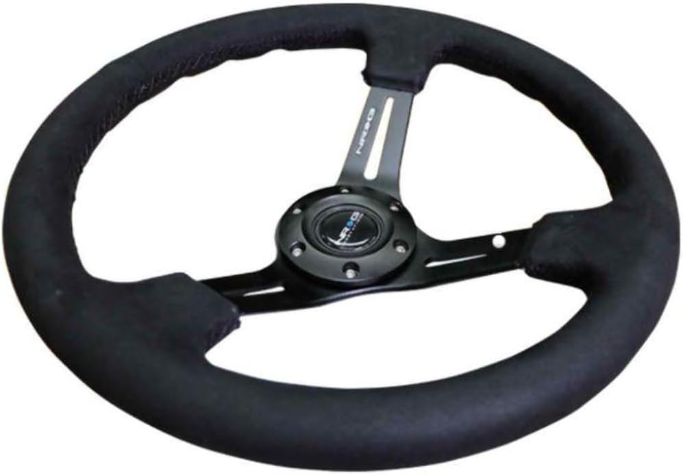 NRG Innovations NRG-RST-018SA Reinforced Steering Wheel 350mm Sport Steering Wheel (3' Deep) Black Leather with Alcantara Stitching, Slit Spoke Design over Circular Cut-Outs