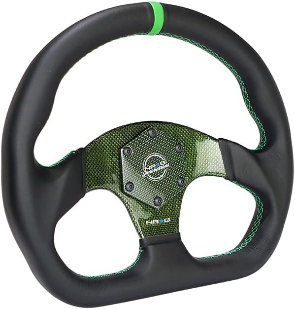 NRG Innovations NRG-RST-024CF-GN Carbon Fiber Steering Wheel 320mm, Green Carbon Fiber Center with Green Stitch Green Center Mark, Flat Bottom