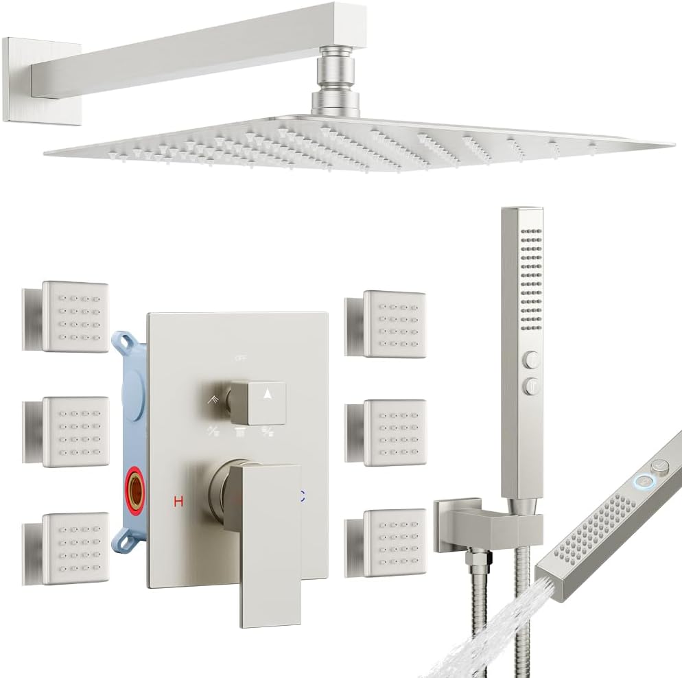 Brushed Nickel Shower System with Body Jets, STARBATH 12 Inch Rainfall Shower and Handheld Spray, Wall Mounted Full Body Shower System Rough-in Mixer Pressure Balance Valve Shower Faucet Set Complete