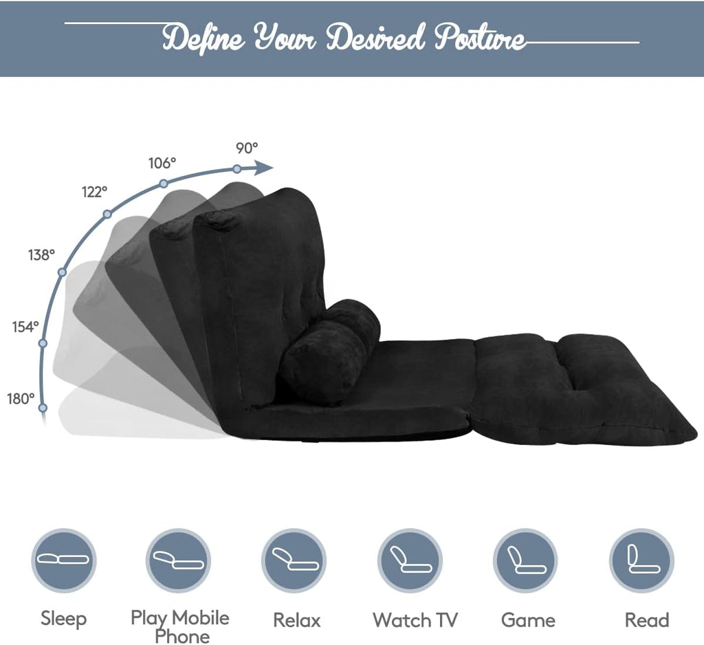 Giantex Adjustable Floor Sofa Couch with 2 Pillows, Multi-Functional 6-Position Foldable Lazy Sofa Sleeper Bed, Multi-Functional Suede Floor Seating for Reading Gaming (Black)