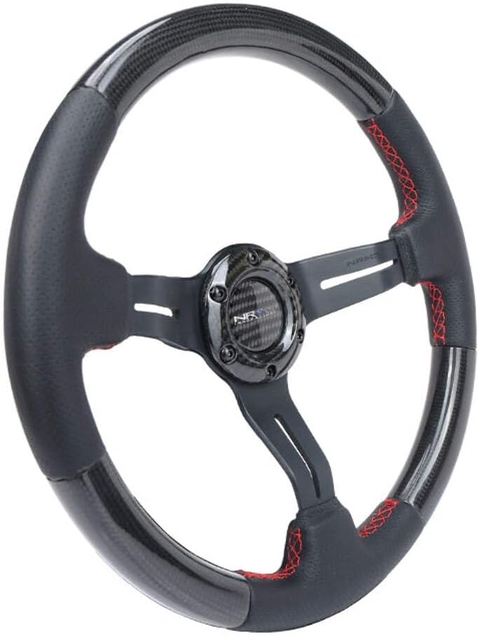 NRG Innovations NRG-ST-010CFRS Carbon Fiber Steering Wheel 1.5' Deep Dish, Leather Wrapped, 6 X 70 PCD, Black Anodized
