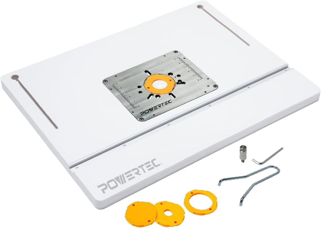 POWERTEC 24' x 32' Benchtop Router Table w/Aluminum Insert Plate – Laminated MDF Top, Reducer Rings, Leveling Screws, and Starting Pin Compatible with Bosch, DeWalt, Makita, and Other Brands (71964)