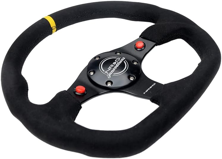 NRG Innovations NRG-RST-024D-MB-SA-Y Reinforced Steering Wheel 320mm Sport Alcantara Dual Push Buttons Flat Bottom with Yellow Center Mark