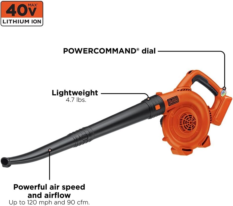 BLACK+DECKER Leaf Blower Cordless with Battery and Charger, POWERCOMMAND 40V MAX 90 CFM Variable Speed Up to 120 MPH, Battery Leaf Blower, Hard Surface and Yard Sweeper (LSW36)