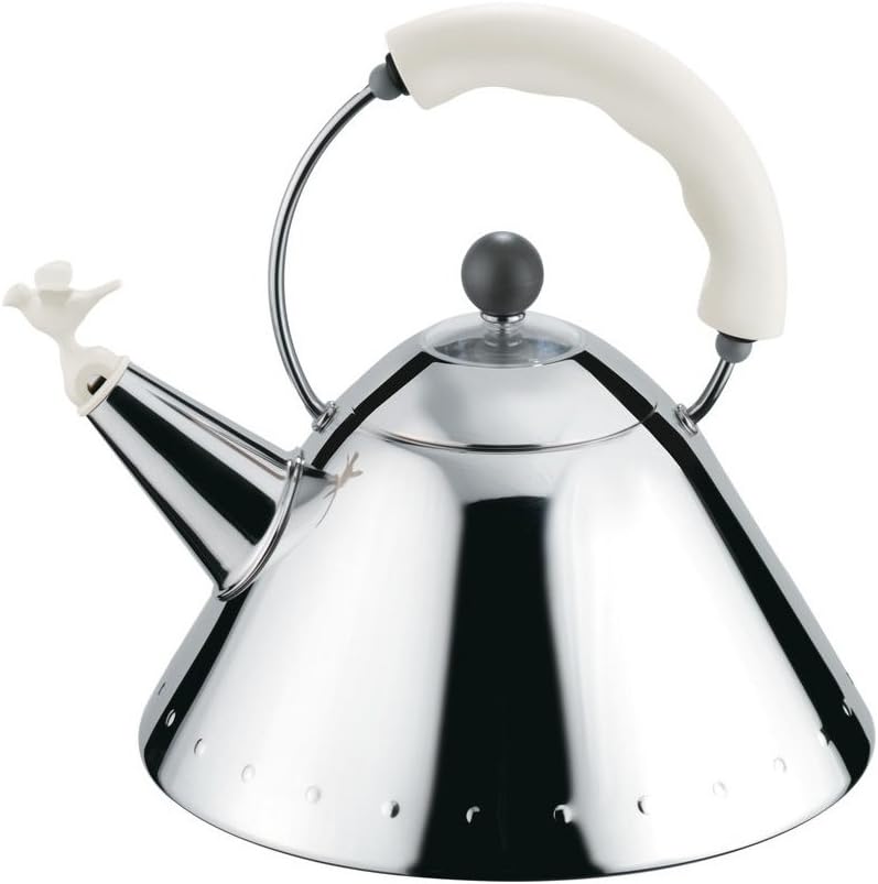 Alessi Kettle in 18/10 Stainless Steel Mirror Polished with Handle and Small Bird-shaped Whistle in Pa, White.