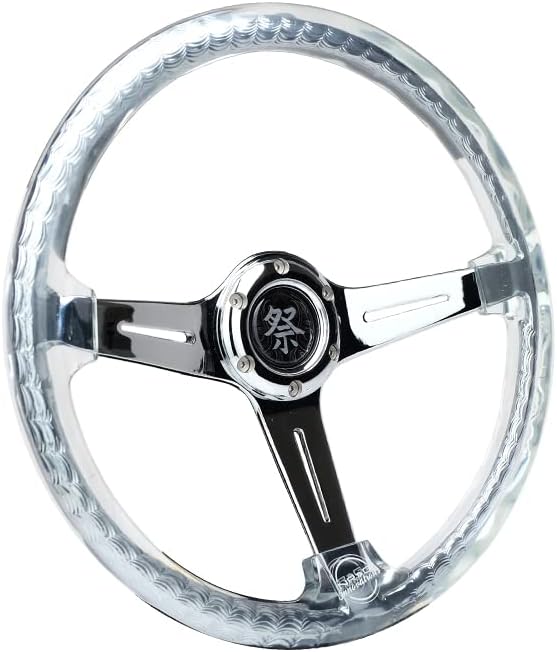 NRG Innovations NRG-RST-027CH-CL Reinforced Steering Wheel 350mm 2' Deep Dish Clear Acrylic Steering Wheel in Clear and Geometric NeoChrome Spoke Finish with Slits