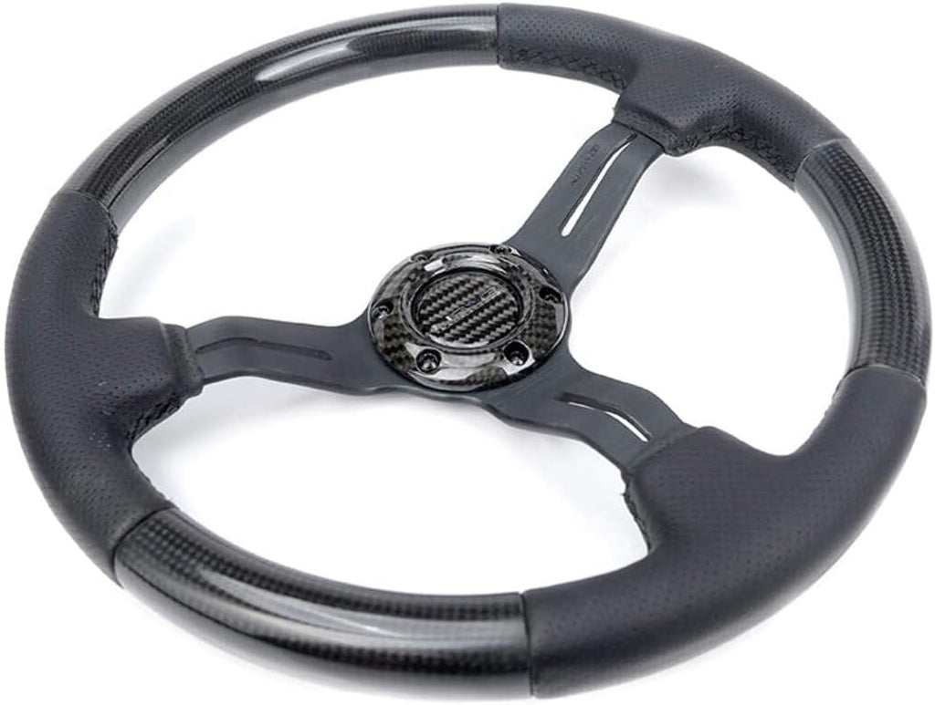 NRG Innovations NRG-ST-010CFBS Steering Wheel - Carbon Fiber Steering Wheel with LEATHER ACCENT 350mm 1.5' DEEP BLACK STICHING