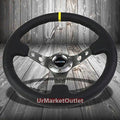 NRG Black Leather Handle/Gunmetal 3.00' Deep Dish Round Holes Tri-Spoke/Yellow Center Stripe 6-Bolt Steering Wheel