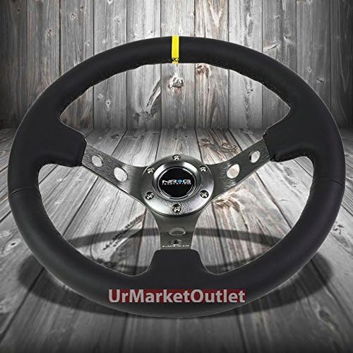 NRG Black Leather Handle/Gunmetal 3.00' Deep Dish Round Holes Tri-Spoke/Yellow Center Stripe 6-Bolt Steering Wheel