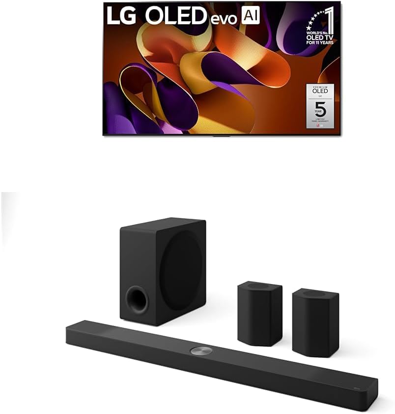 LG 77-Inch Class OLED evo G4 Series Smart TV 4K Processor Flat Screen with Alexa Built-in (OLED77G4WUA, 2024), 9.1.5 ch. Sound Bar with Wireless Dolby Atmos Soundbar and Rear Speakers
