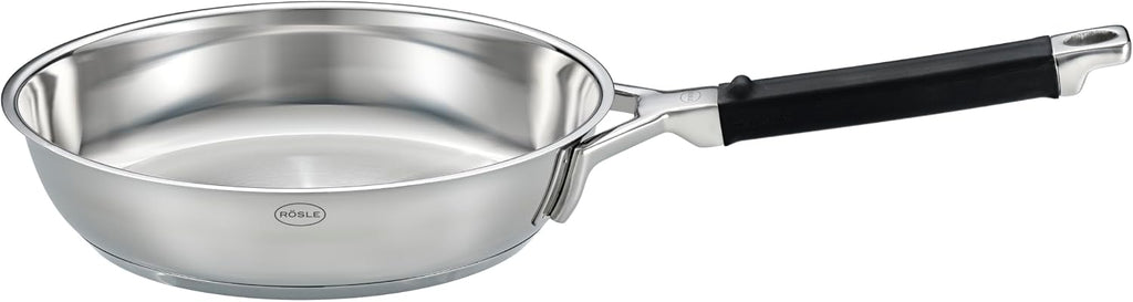 RÖSLE Silence Pro Frying Pan Diameter 20 cm, High-Quality Stainless Steel Frying Pan for Perfect Searing of Steaks and More, Stainless Steel 18/10, Silver/Black, 39 x 21.5 x 8.5 cm