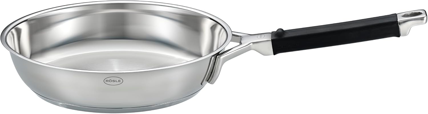 RÖSLE Silence Pro Frying Pan Diameter 20 cm, High-Quality Stainless Steel Frying Pan for Perfect Searing of Steaks and More, Stainless Steel 18/10, Silver/Black, 39 x 21.5 x 8.5 cm