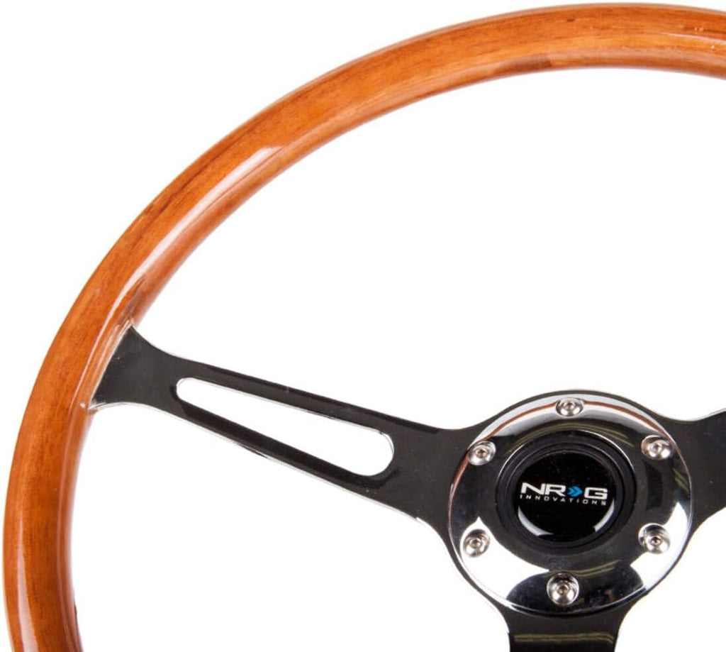 NRG Innovations NRG-RST-360SL Reinforced Classic Wood Grain Wheel, 360mm, 3 Spoke Center in Chrome, Custom Stained Mahogany