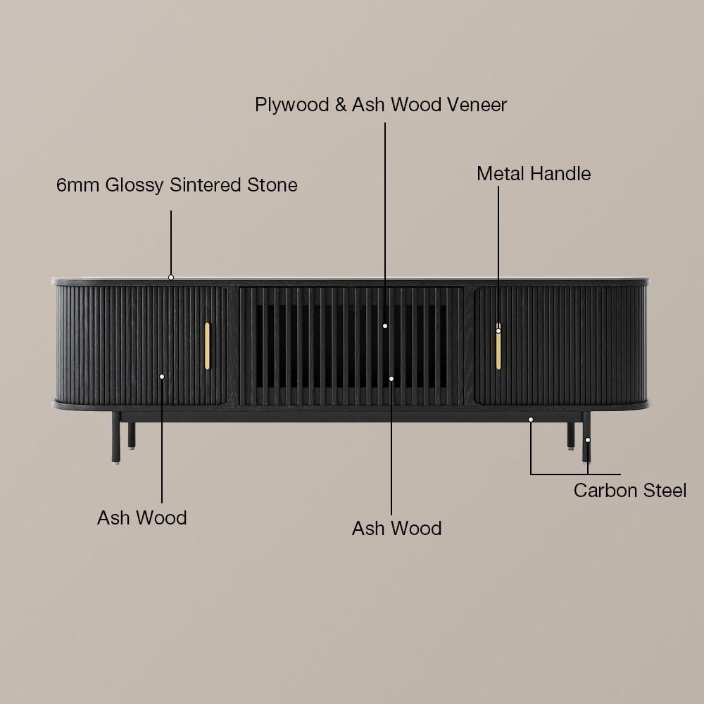 POVISON Fully-Assembled Sliding Tambour Door TV Stand, Mid Century Modern Sintered Stone TV Console, Wood Media Console for 85 Inch TV, Entertainment Center with Storage Cabinet(Black, 94.49')