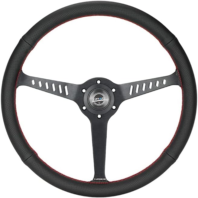 NRG Innovations NRG-RST-380-STL-R Reinforced Classic Stealth Wheel, 380mm, 3 Spoke Center with Diagnal Slits, 1' Deep Dish with Perforated Leather and Red Stitching