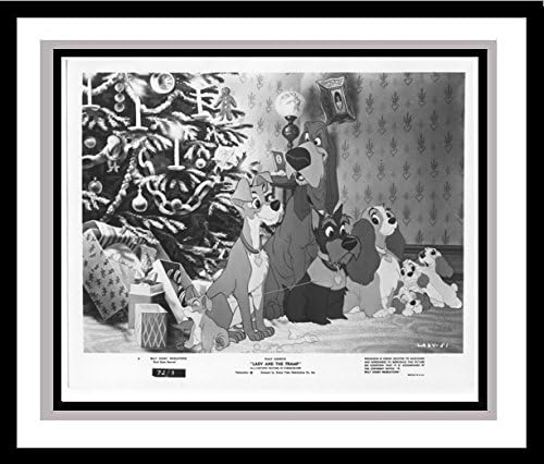 'Lady and the Tramp' Lobby Card Publicity Still - Walt Disney Lady, Tramp, Peg, Sarge and the Puppies in Front of the Christmas Tree