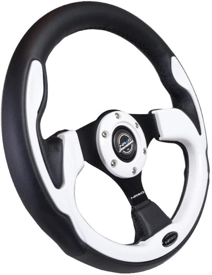 NRG Innovations NRG-RST-001WT Reinforced Steering Wheel 350mm Sport Leather Racing (2.5' Deep) Comfort Grip, 4mm Metal Neochrome Spoke, Black Leather/White + Horn Button