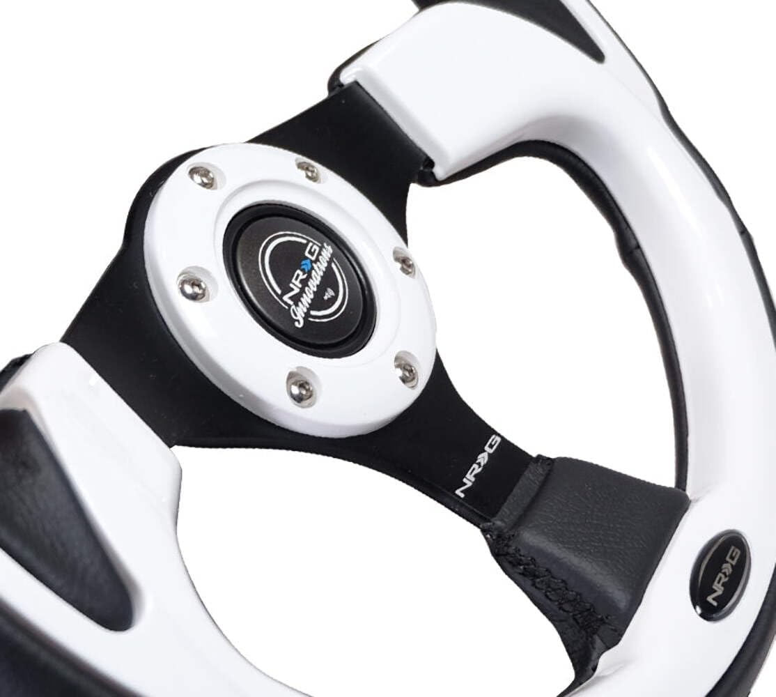 NRG Innovations NRG-RST-001WT Reinforced Steering Wheel 350mm Sport Leather Racing (2.5' Deep) Comfort Grip, 4mm Metal Neochrome Spoke, Black Leather/White + Horn Button