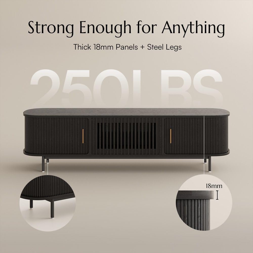 POVISON Fully-Assembled Sliding Tambour Door TV Stand, Mid Century Modern Sintered Stone TV Console, Wood Media Console for 85 Inch TV, Entertainment Center with Storage Cabinet(Black, 94.49')
