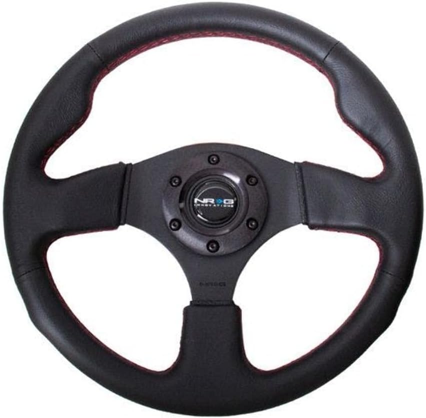 NRG Innovations NRG-RST-012R-RS Reinforced Steering Wheel 320mm Sport Leather Steering Wheel With/Red Stitch/Black Thumb Grip, Double Riveted Spokes + Horn Button