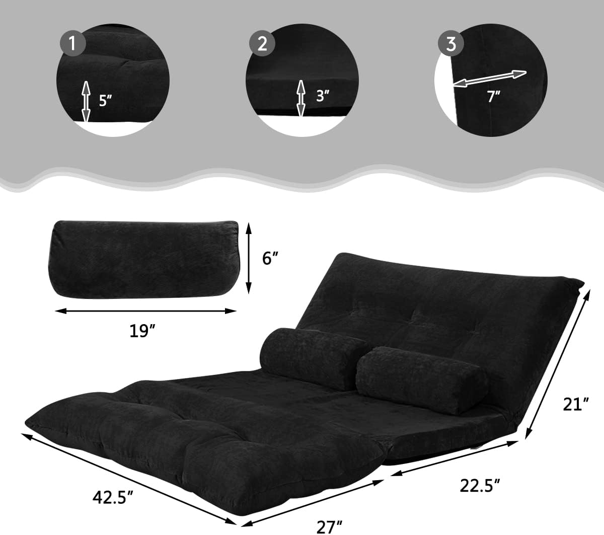 Giantex Adjustable Floor Sofa Couch with 2 Pillows, Multi-Functional 6-Position Foldable Lazy Sofa Sleeper Bed, Multi-Functional Suede Floor Seating for Reading Gaming (Black)