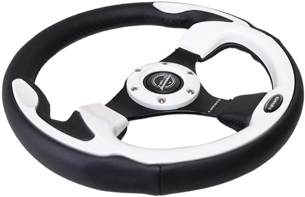 NRG Innovations NRG-RST-001WT Reinforced Steering Wheel 350mm Sport Leather Racing (2.5' Deep) Comfort Grip, 4mm Metal Neochrome Spoke, Black Leather/White + Horn Button