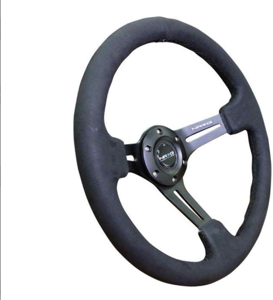 NRG Innovations NRG-RST-018SA Reinforced Steering Wheel 350mm Sport Steering Wheel (3' Deep) Black Leather with Alcantara Stitching, Slit Spoke Design over Circular Cut-Outs