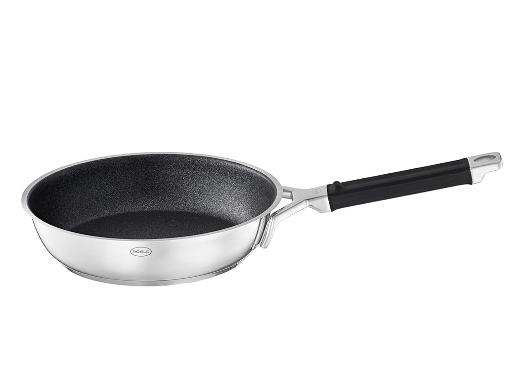 Rösle Silence Pro Frying Pan with Scratch-Resistant Premium Non-Stick Coating ProResist, Silicone Handle, 28 cm, 18/10 Stainless Steel, Suitable for Induction Cookers, Dishwasher Safe, Silver/Black