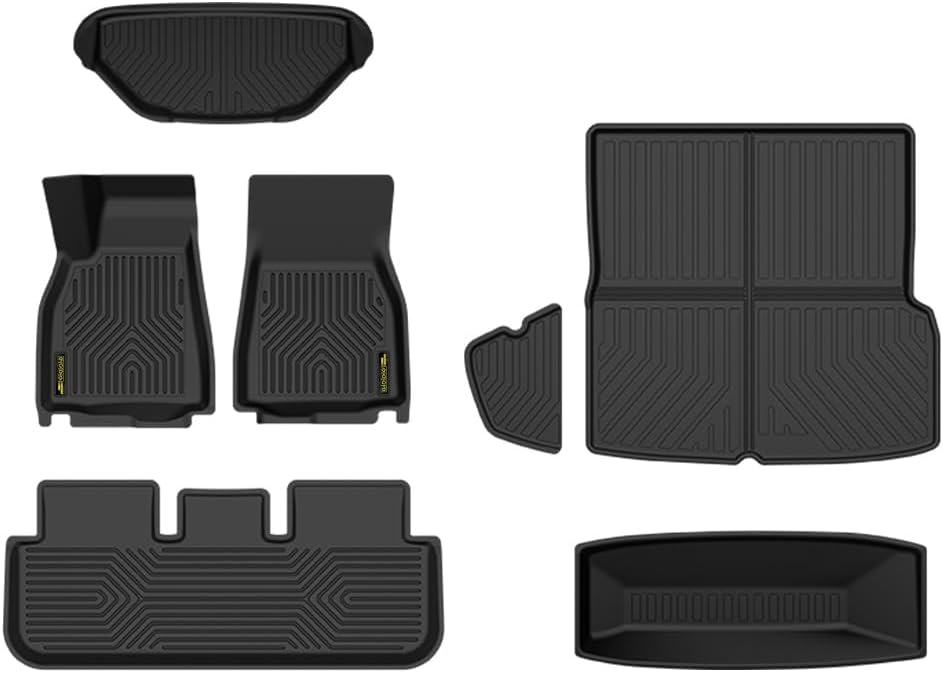 GRAND ORANGE 1st & 2nd & 3rd Front Rear Full Set 7PCS Floor Mats Cargo Liners Compatible with Tesla Model S 2021-2024 TPE All Weather Protection Floor Liners Black Alfombras para Carro