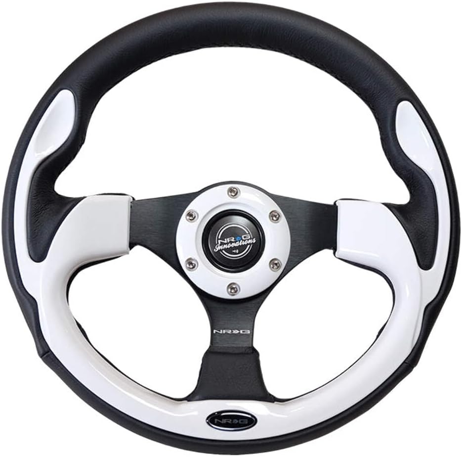 NRG Innovations NRG-RST-001WT Reinforced Steering Wheel 350mm Sport Leather Racing (2.5' Deep) Comfort Grip, 4mm Metal Neochrome Spoke, Black Leather/White + Horn Button