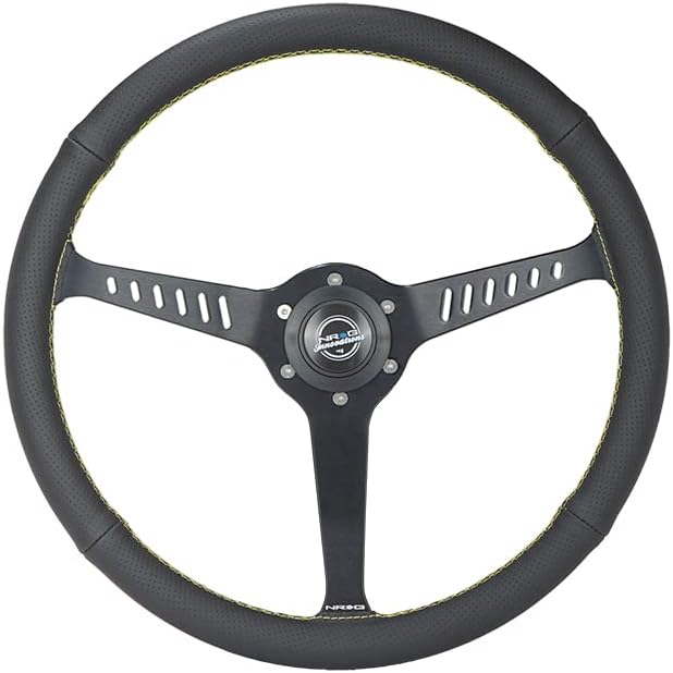 NRG Innovations NRG-RST-380-STL-Y Reinforced Classic Stealth Wheel, 380mm, 3 Spoke Center with Diagnal Slits, 1' Deep Dish with Perforated Leather and Yellow Stitching