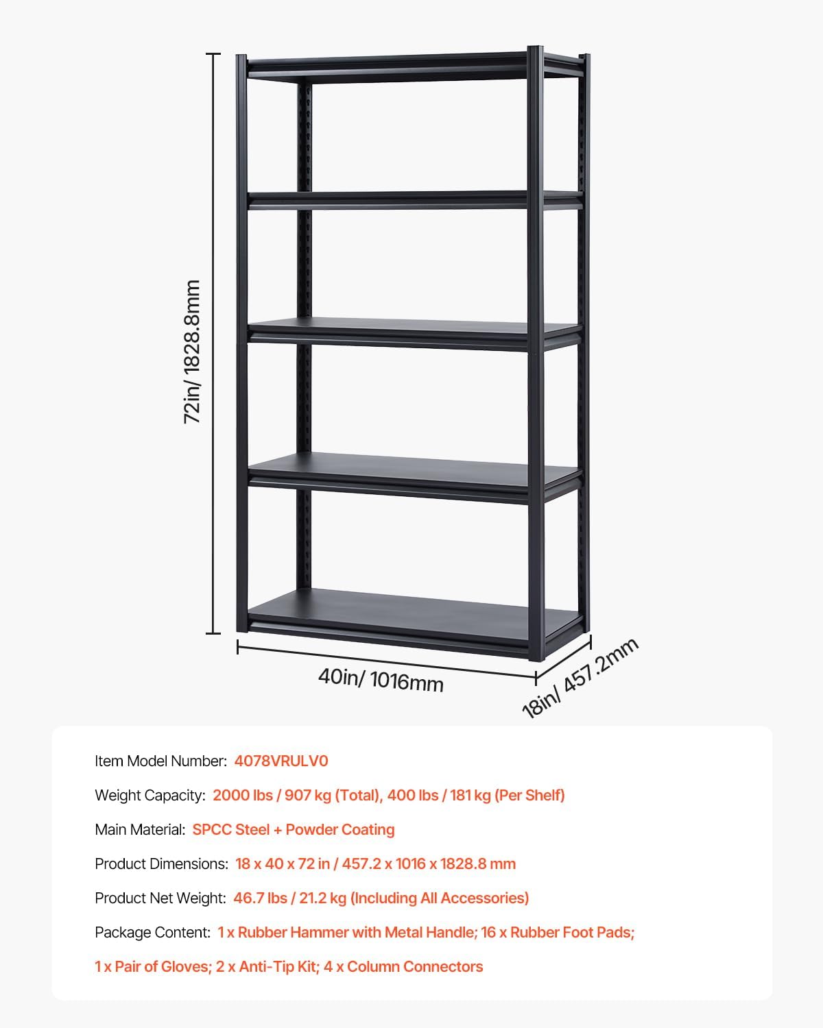 VEVOR Storage Shelves, 2000 lbs, 5 Tier Garage Storage Shelving, 18' D x 40' W x 72' H Adjustable Metal Shelves for Garage Shelves Utility Rack Shelf, Ideal for Kitchen, Warehouse, Basement, Black