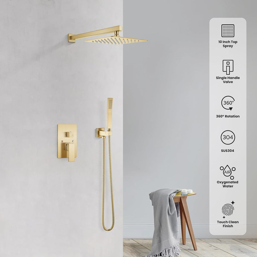 gotonovo Rainfall Bathroom Shower System Rain Shower Head and Handle Set Wall Mounted Shower Complete Combo Solid Brass Pressure Balancing Shower Mixer Valve 10 Inch Brushed Gold
