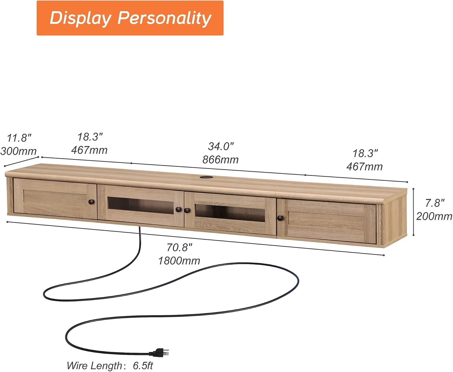WAMPAT Floating TV Stand for TVs up to 80 Inches, Wooden Wall-Mounted TV Shelf with Charging Station, Modern Floating Entertainment Center for Living Room Decor, Oak