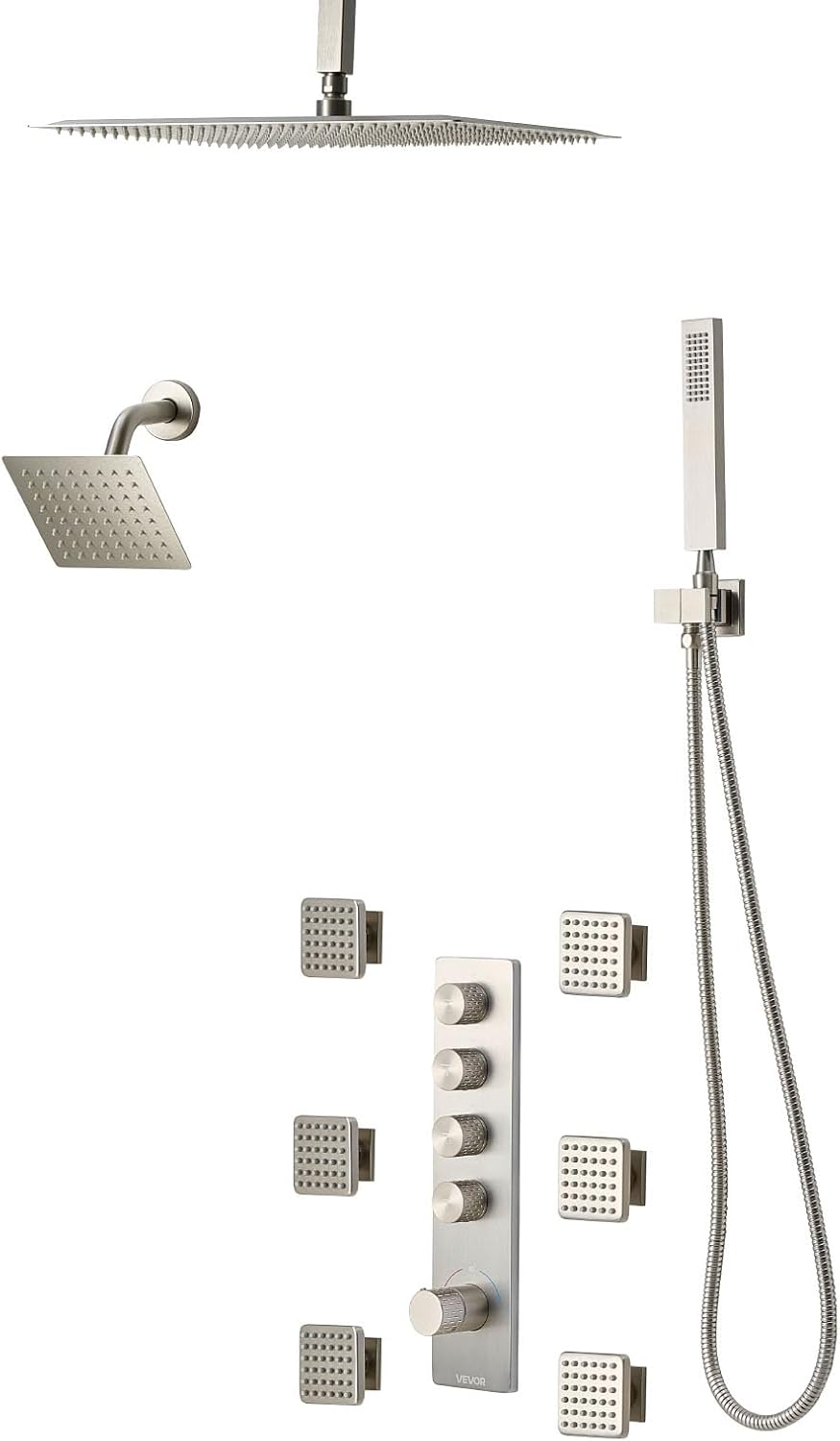 VEVOR Shower Faucet Set, 16 Inch Thermostatic Ceiling Mount Rainfall Shower System with 6 Inch Wall Mount Head, 6 Body Jets and Handheld Spray, Dual Rain Head Brass Valve and Trim Kit, Brushed Nickel