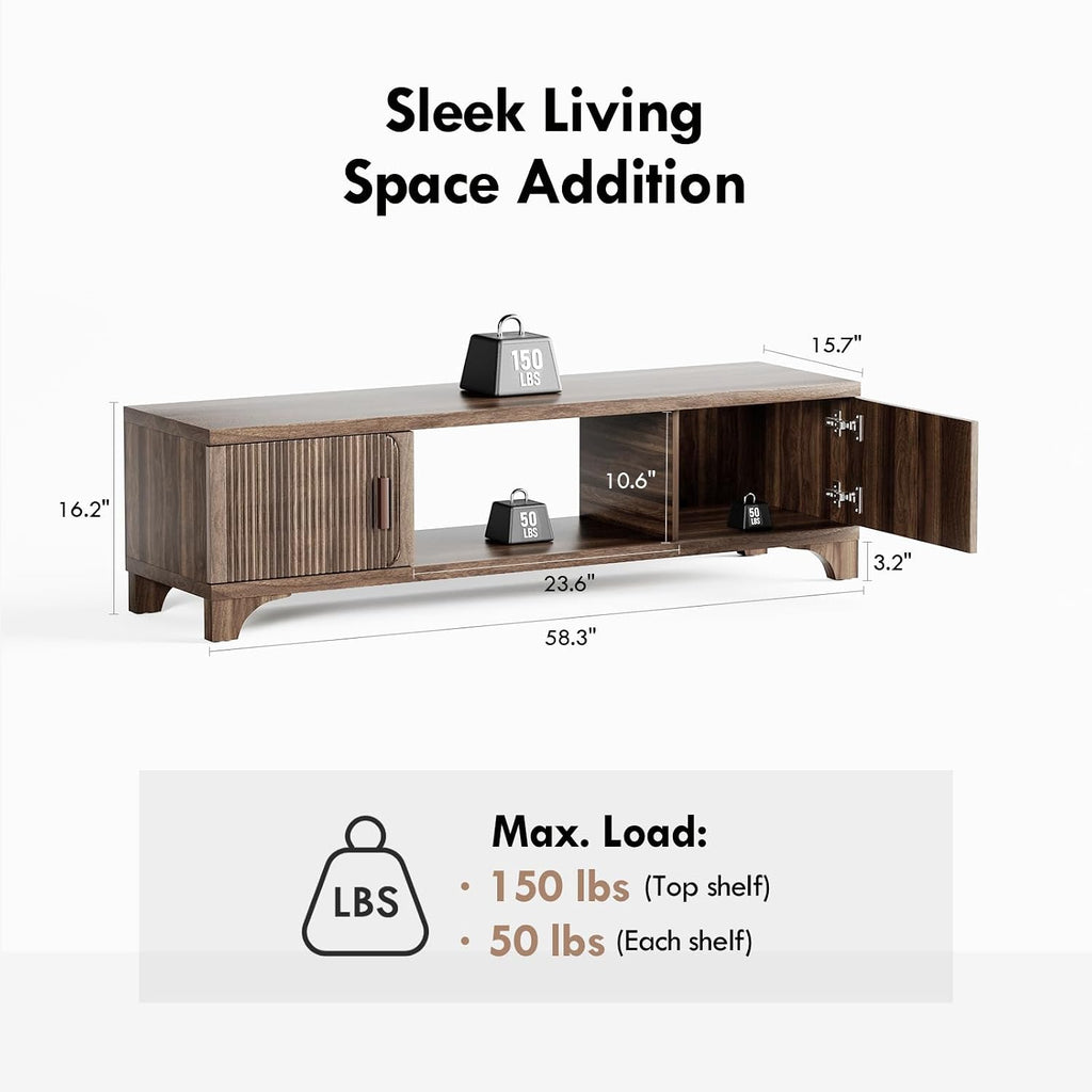 Mid Century Modern TV Stands for 55/60/65 Inch TV Boho Media Console for Living Room Fluted TV Entertainment Center with Storage Wood Television Cabinet for Bedroom