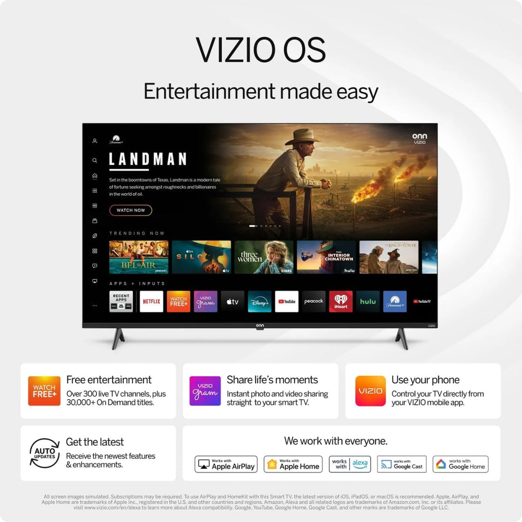 ONN 43 INCH Full HD 1080p Smart TV HDR10 with Vizio OS Bluetooth 5.0 Works with Apple Home, Amazon Alexa, and Google Home (Renewed)
