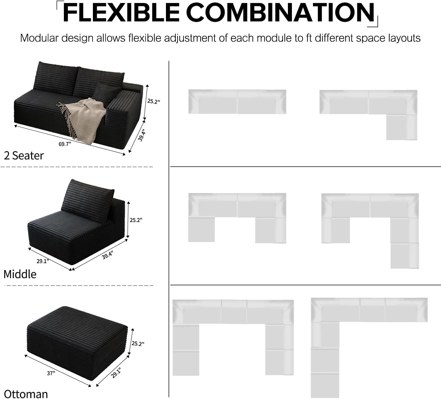 139.4' Modular Sectional Sofa, L-Shaped Minimalist Couches with Middle Seat Chaise, Modern Deep Seat Convertible Sleeper Sofa,Cloud Plush Corduroy Fabric, No Assembly Required, 5 Seater, Black