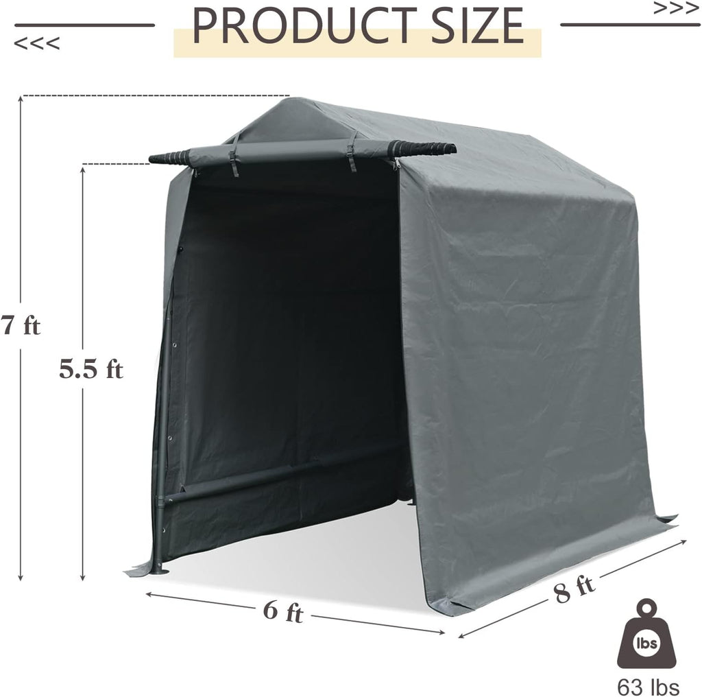 Gardesol Storage Shelter, 6x8 ft Portable Shed Outdoor Carport with Roll-up Zipper Door, Waterproof and UV Resistant Outdoor Storage Shed for Bike, ATV, Motorcycle Shelter, Gray