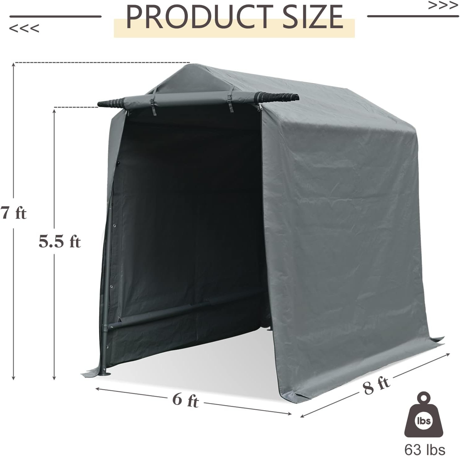Gardesol Storage Shelter, 6x8 ft Portable Shed Outdoor Carport with Roll-up Zipper Door, Waterproof and UV Resistant Outdoor Storage Shed for Bike, ATV, Motorcycle Shelter, Gray