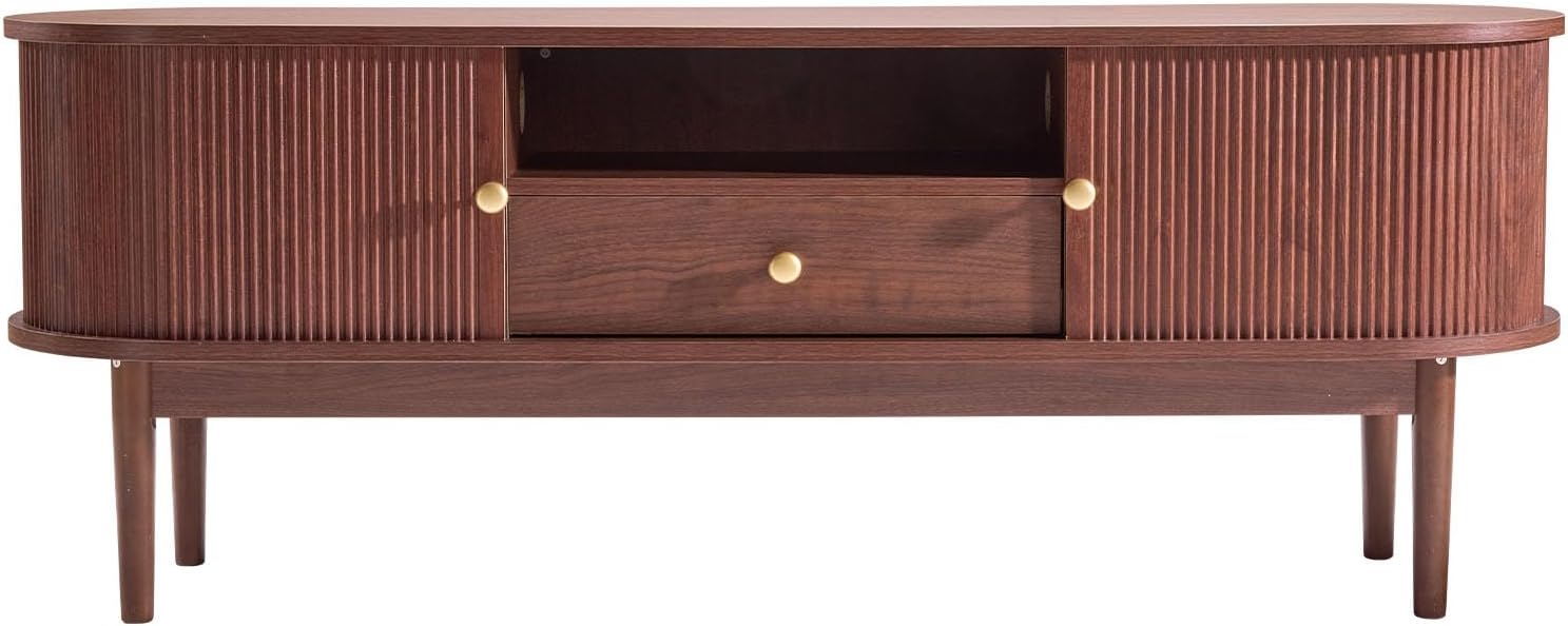 VEVOR Boho Fluted TV Stand with Storage and Drawer, for 55/60/65 inch TVs, Mid Century Modern Entertainment Center TV Console with Sliding Tambour Door & Open Shelves for Living Room, Bedroom, Walnut