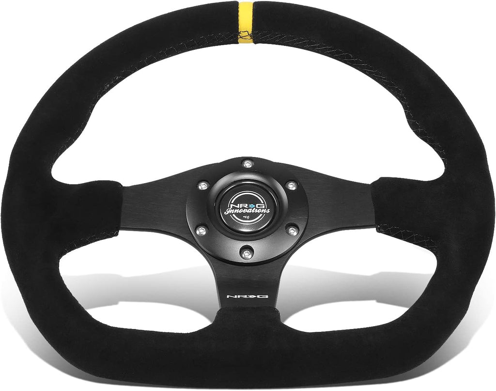 NRG Innovations NRG-RST-024MB-S-Y Reinforced Steering Wheel - 320mm Sport Suede Flat Bottom with Yellow Center Mark