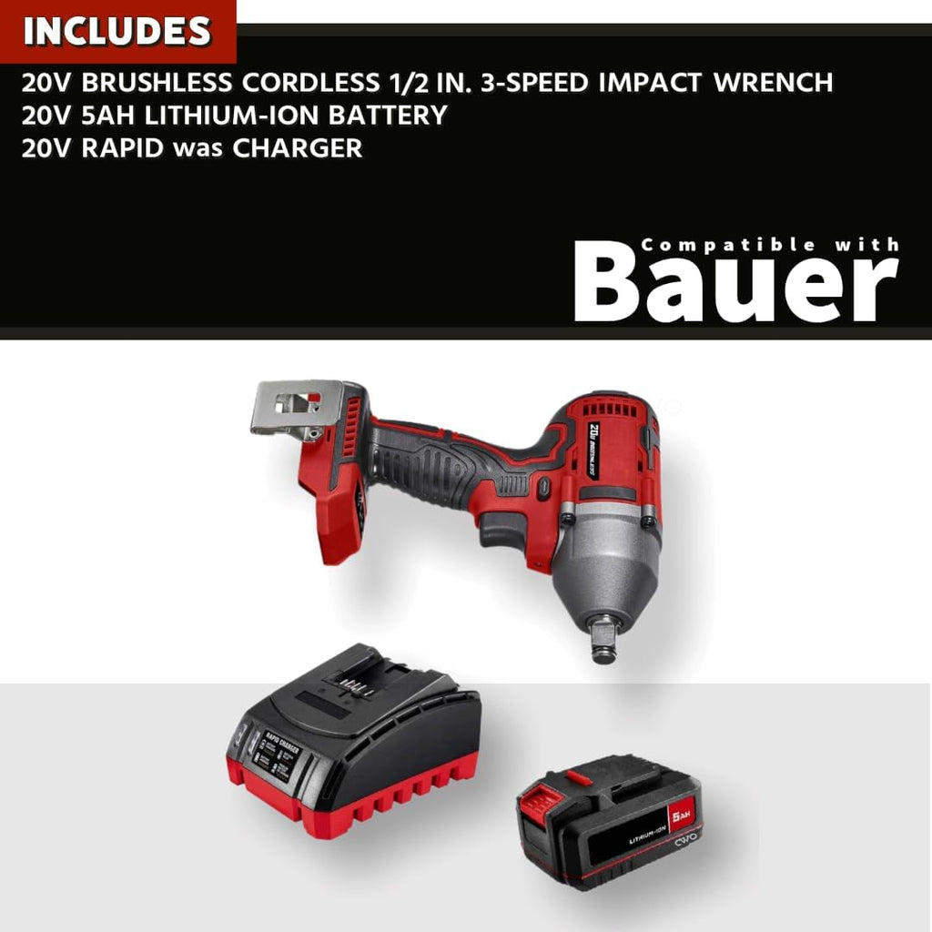 Generic Compatible with BAUER 20V Tools: 5.0 Ah Battery and Charger Kit with FREE Cordless 1/2 in. 3-Speed Impact Wrench